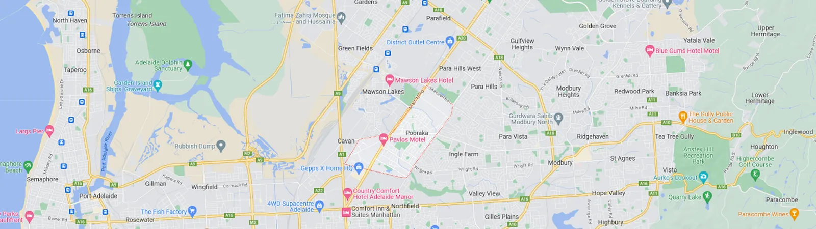 Map of the northern Adelaide area served by Divine Care SA, centred on Pooraka